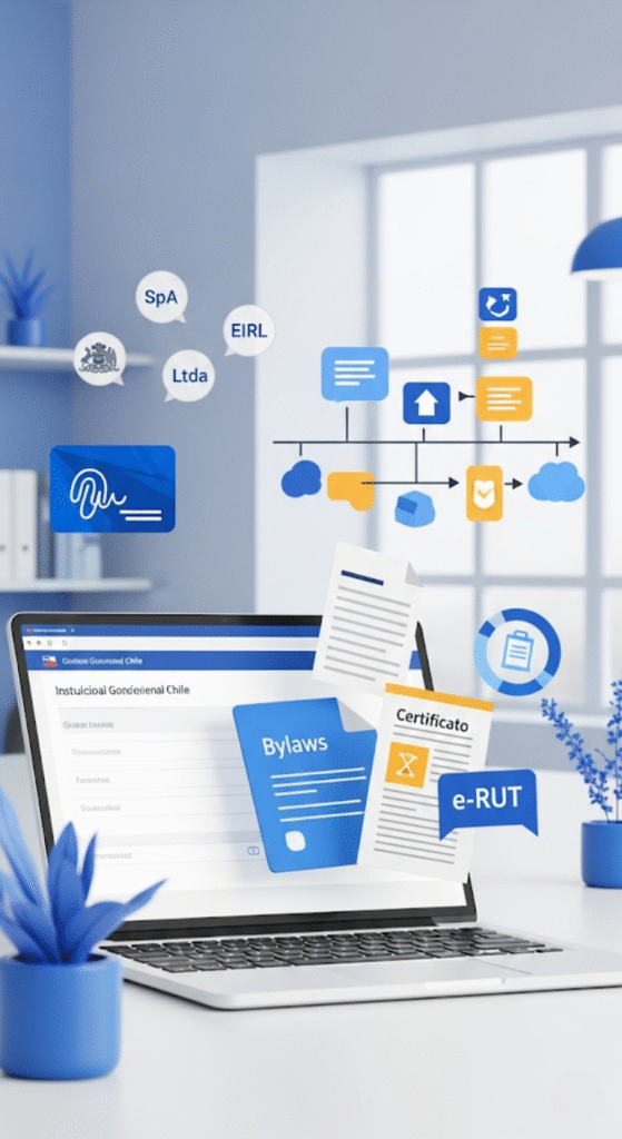 Proceso digital para crear una empresa en un día en Chile con documentos como e-RUT, estatutos y certificado, mostrando tipos societarios como SpA, EIRL y Ltda en plataforma online del gobierno.